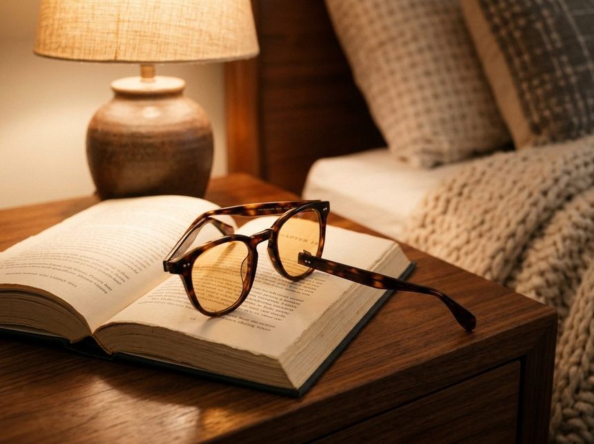 Amber blue-light blocking glasses resting on a bedside nightstand next to a warm glowing evening lamp and reading book