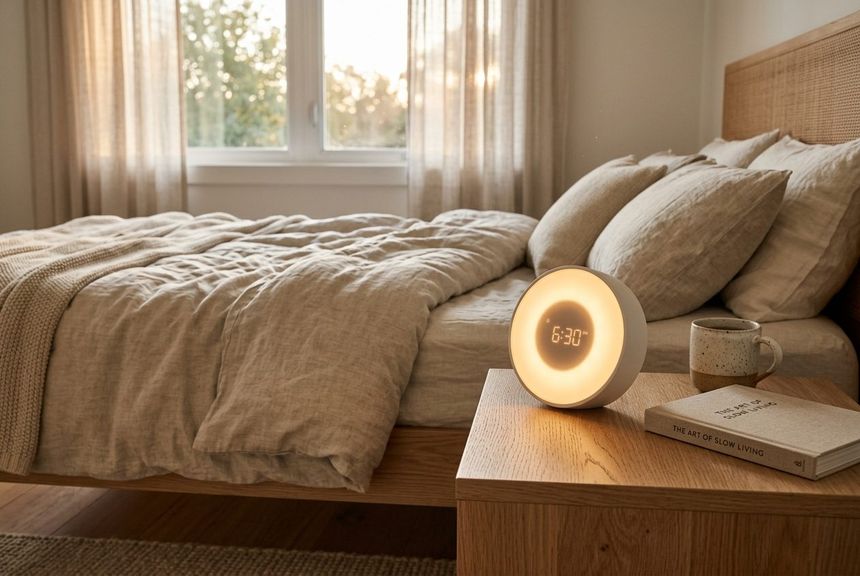 Cozy bedroom bedside table with circular sunrise alarm clock gently glowing amber sunrise light
