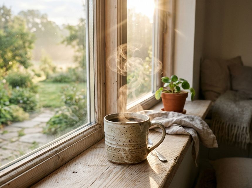 Artisan coffee mug emitting gentle steam on a rustic windowsill bathed in warm golden morning sunlight rays