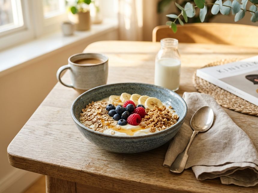 Healthy breakfast bowl with fresh berries, oats, and honey in warm golden morning sunlight on a Scandinavian wooden dining table