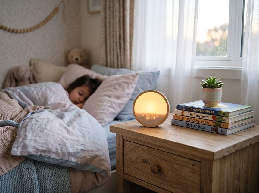 Charming child's bedroom with gentle round sunrise alarm clock glowing soft warm golden amber dawn light beside storybooks