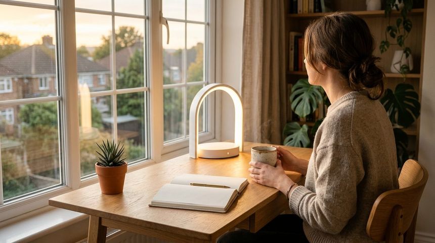 Warm morning light therapy routine with 10,000 Lux lamp positioned at 45-degree angle alongside coffee and journal