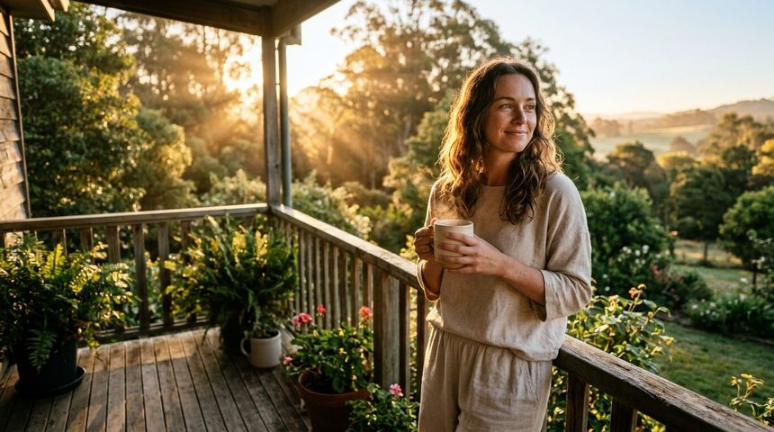 Person enjoying warm natural morning sunlight exposure on an outdoor balcony with morning tea
