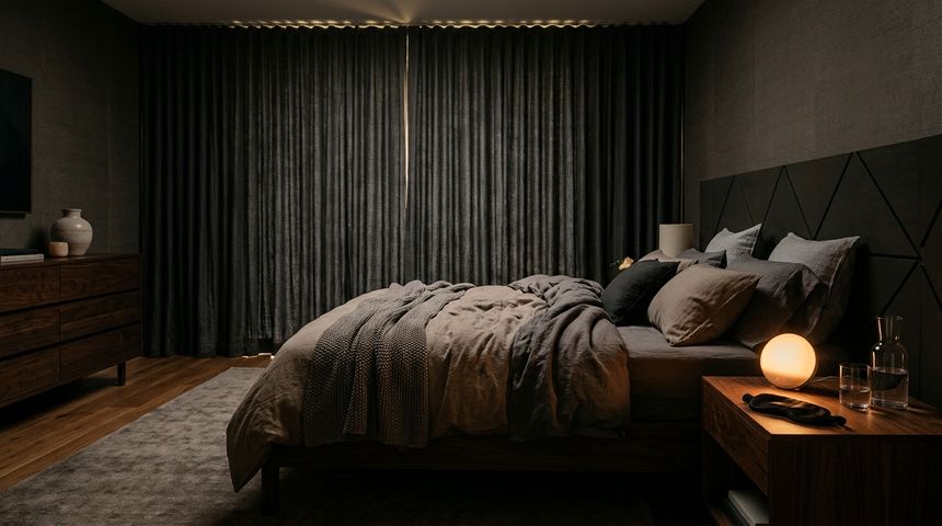 Tranquil master bedroom with thick linen blackout curtains shielding bright daylight, soft sunrise alarm clock and silk sleep mask