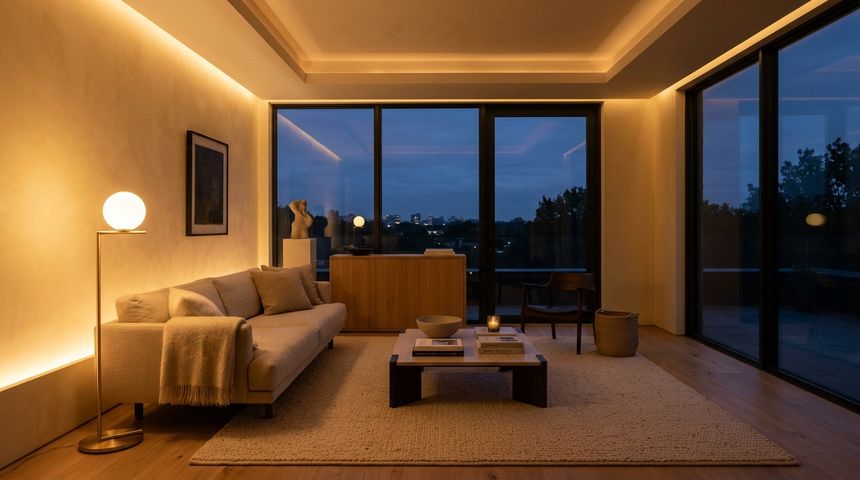 Modern minimalist living room illuminated by smart 2200K golden amber circadian cove lighting and sculptural lamp at twilight