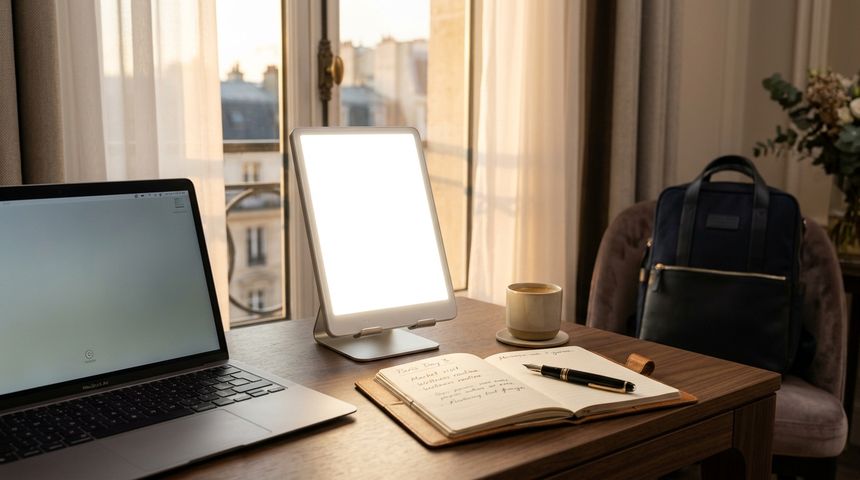 Sleek portable 10,000 Lux light therapy tablet lamp resting on a boutique hotel desk beside a laptop and travel journal